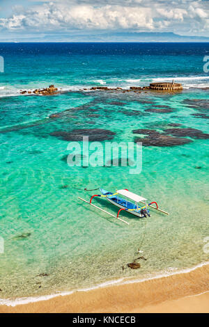 Aerial view of the Mendira Bay near Candidasa village. Manggis subdistrict, Karangasem regency, Bali, Indonesia. Stock Photo