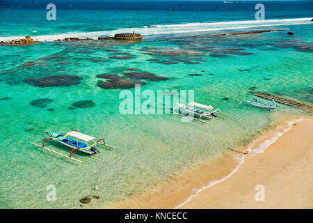 Aerial view of the Mendira Bay near Candidasa village. Manggis subdistrict, Karangasem regency, Bali, Indonesia. Stock Photo