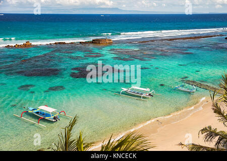 Aerial view of the Mendira Bay near Candidasa village. Manggis subdistrict, Karangasem regency, Bali, Indonesia. Stock Photo