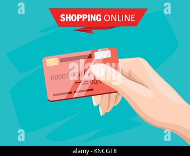 Hand holding red credit card for online payment and shopping flat style vector illustration isolated on turquoise background website page and mobile a Stock Vector