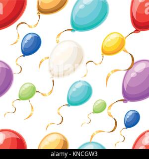 Seamless pattern with colorful balloons with gold ribbon in flat style isolated on white background website page and mobile app design. Stock Vector