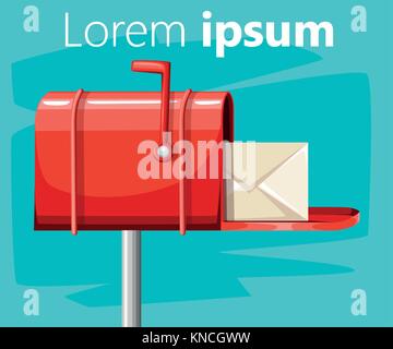 Red open mail box post with mail in the flat style vector illustration isolated on turquoise background with place for your text website page and mobi Stock Vector