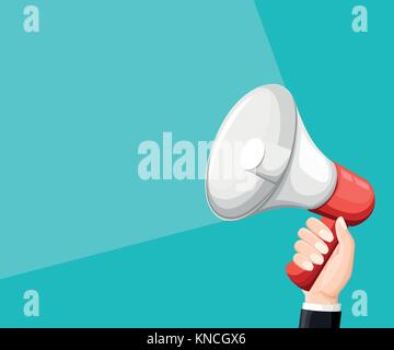 Business man holding red and white megaphone vector illustration isolated on turquoise background with place for your text website page and mobile app Stock Vector