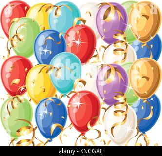 Seamless pattern with colorful balloons with gold ribbon in flat style on white background website page and mobile app design. Stock Vector
