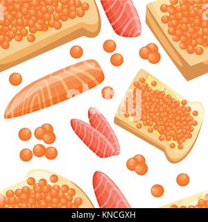 Seamless pattern piece of fresh red salmon fish caviar fillets and tasty bread with butter vector illustration on white background web site page and m Stock Vector