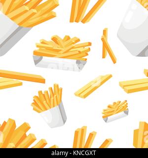 Seamless pattern french fries in white paper box flat style fastfood vector illustration on white background web site page and mobile app design. Stock Vector