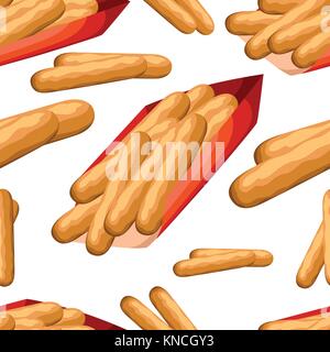 Seamless pattern breaded cheese sticks in red paper box flat style fastfood vector illustration isolated on white background web site page and mobile  Stock Vector