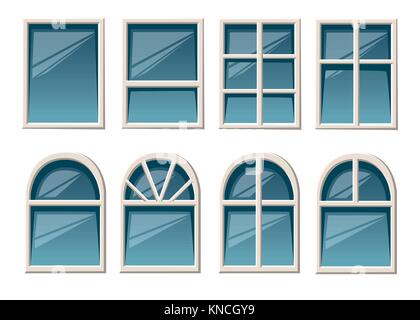 Vector collection of various white windows types for interior and exterior use flat style isolated on white background website page and mobile app des Stock Vector