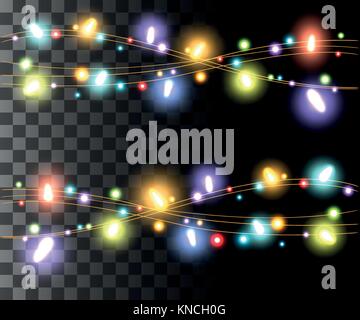 Horizontal glowing light colorful bulbs design for holidays garlands christmas decorations effect isolated on the transparent background website page  Stock Vector