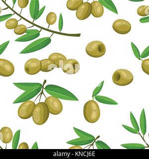 Seamless pattern green olives branch with leaves healthy vegetables and vegetarian fresh organic food vector illustration on white background web site Stock Vector