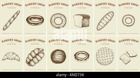 Labels with bread and pastries. Set templates price tags for bakery shop. Vector retro illustrations in hand drawn style Stock Vector