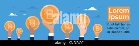 Group Of Hands Holding Bitcoin Crypto Currency Digital Or Virtual Web Money Concept Horizontal Banner Stock Vector