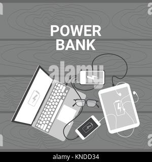 Power Bank Concept Set Of Devices Charging From Portable Battery Mobile Charger Laptop, Smart Phone Digital Tablet Angle View Stock Vector
