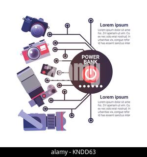 Power Bank Device Concept Modern Gadgets Charging From Portable Battery Mobile Charger Laptop, Smart Phone Digital Tablet Photo Camera Stock Vector