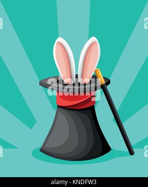abbit ears appear from the magic top hat with red ribbon and magical wand flat style vector illustration isolated on turquoise background website page Stock Vector