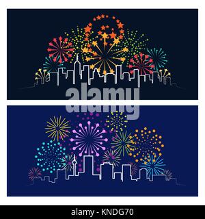 Fireworks city skyline. Celebrating firework over night town panorama, urban festive party landscape concept vector illustration Stock Vector
