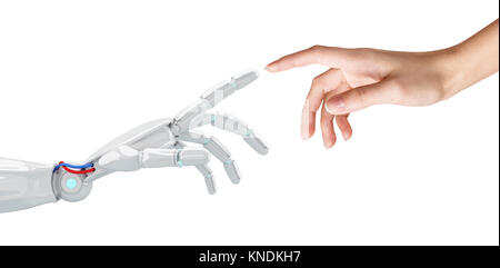 Human hand touching an android hand. Stock Photo