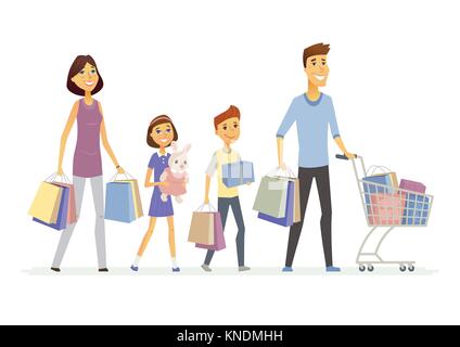 Family goes shopping - cartoon people characters isolated illustration Stock Vector