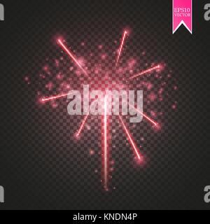 Red Firework lights effect with glowing stars in sky isolated on transparent background. Vector white festive party rocket burst or salute show for your design. Stock Vector