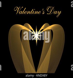 Valentine s Day. Congratulatory inscription. Golden waves in the form of hearts on a black background. Star. illustration Stock Vector