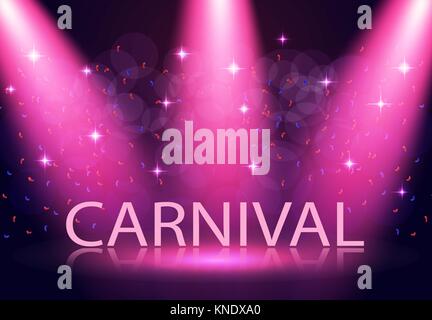 The inscription is carnival. Stage lighting, podium, spotlights. Confetti is flying. Purple background. illustration Stock Vector