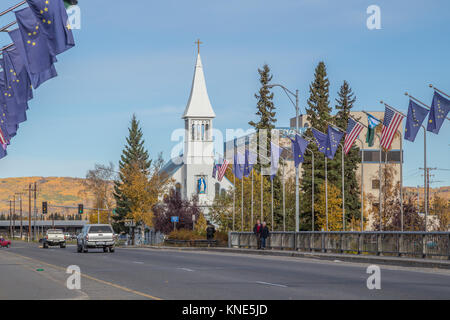Immaculate Conception Catholic Church, a historic church and former cathedral, on N. Cushman Street in Fairbanks, Alaska, USA, taken in the fall Stock Photo