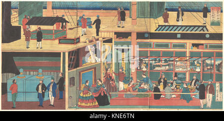 Amerika Koku Jokisen naka no zu-View Inside an American Steamship MET DP147706 55508 Artist: Utagawa Yoshikazu, Japanese, active ca. 1850?1870, View Inside an American Steamship, 1861 (Bunkyu, 1st year, 4th month), Triptych of polychrome woodblock prints; ink and color on paper, Oban; 10 1/4 x 27 1/4 in. (26 x 69.2 cm). The Metropolitan Museum of Art, New York. Gift of Lincoln Kirstein, 1959 (JP3344) Stock Photo