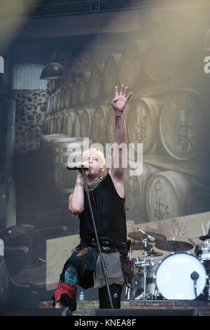 The German power metal band In Extremo performs a live concert at the Swiss music festival Greenfield Festival 2017 in Interlaken. Here vocalist Michael Robert Rhein aka Das Letzte Einhorn is seen live on stage. Switzerland, 09/06 2017. Stock Photo