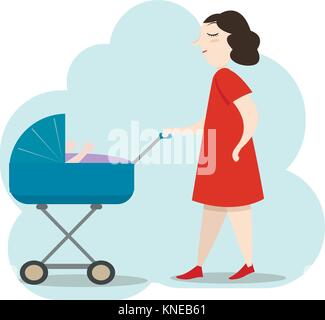 Beautiful young mother in red dress walking with her newborn baby in a blue pram colorful vector illustration Stock Vector