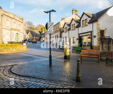 Dunblane,Scotland,UK-December 04,2017: Dunblane town centre and the golden post box in honour of olympic gold medal winner Andy Murray. Stock Photo