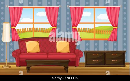 Illustration of a red sofa and side table in a room Stock Vector