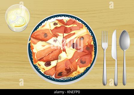 Illustration of a pizza with ham on a wooden table Stock Vector