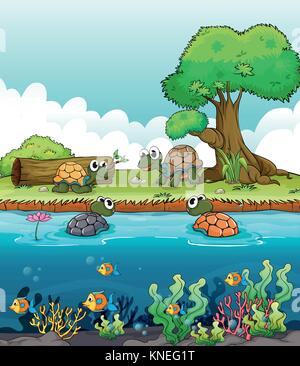 Illustration of a river and a smiling turtles Stock Vector