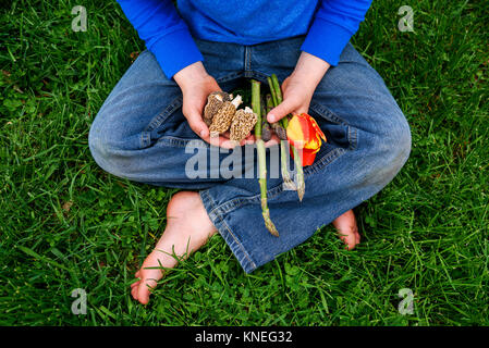 Boy sitting on grass holding fresh vegetables Stock Photo
