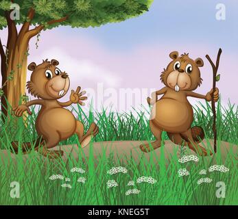 Illustration of the two beavers playing in the forest Stock Vector