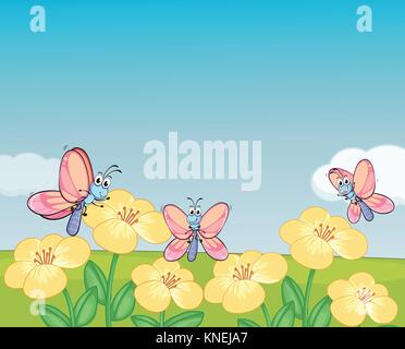 Illustration of flying butterflies in a beautiful nature Stock Vector