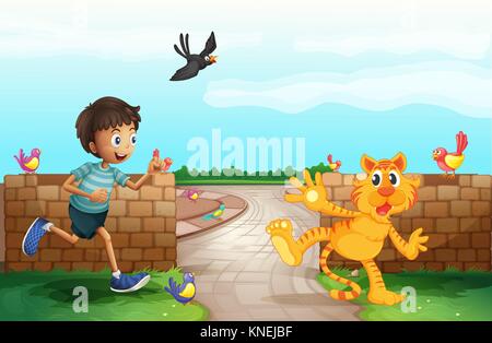 Illustration of a smiling boy and a tiger in a beautiful nature Stock Vector