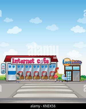 Illustration of an internet cafe and a locksmith shop located near the street Stock Vector