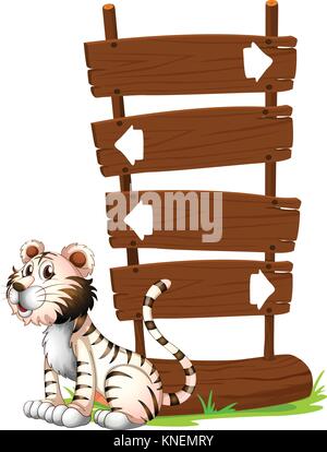 Illustration of a tiger beside a signboard on a white background Stock Vector