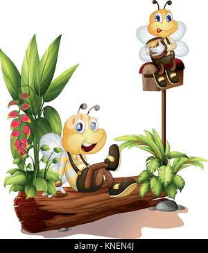 Illustration of bees sitting on a trunk and on the mailbox on a white background Stock Vector