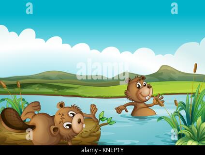 Illustration of beavers playing in the river Stock Vector