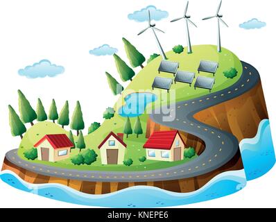 Illustration of houses, vanes and solar energy Stock Vector