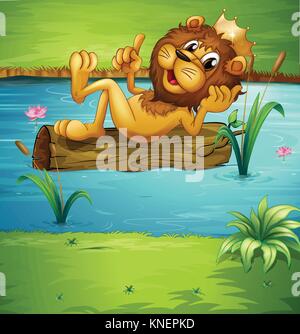 Illustration of a smiling lion on a dry wood in a river Stock Vector