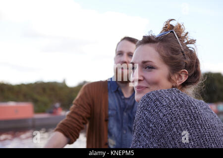 Couple on canal boat Stock Photo