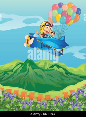 Illustration of monkeys on a plane with balloons Stock Vector