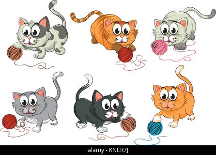 Illustration of cats playing with wool on a white background Stock Vector