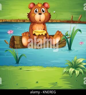 Illustration of a bear sitting on a dry wood in a river Stock Vector