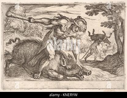 Hercules and the Boar of Erymanthus: Hercules holds down the boar's ...