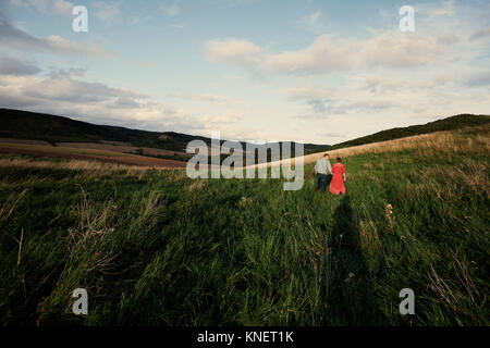 Rear view of mid adult couple holding hands while strolling in fields Stock Photo