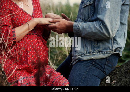 Mid section of romantic mid adult pregnant couple holding hands Stock Photo